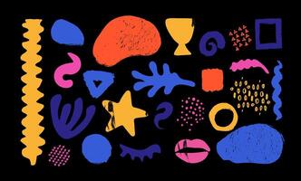 Colorful abstract shapes silhouette background. Creative minimalist style art texture on black background, trendy design with basic shapes. Modern abstract color backdrop. vector