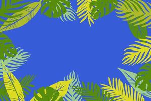 Summer floral green frame on blue background with palm tree, monstera leaves, branches. Copy space. horizontal concept for summer party poster, flyer, web baner, invitation design. vector