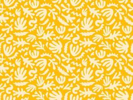 Abstract tropical seamless pattern with leaves, branches, silhouette shapes on yellow background. Hand drawn minimal art background, Surface cover design, Fabric textile print. vector