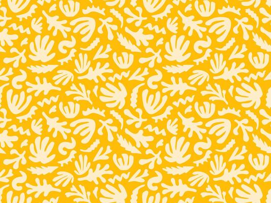 Abstract tropical seamless pattern with leaves, branches, silhouette shapes on yellow background. Hand drawn minimal art background, Surface cover design, Fabric textile print.