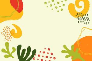 colorful background with green leaf, red, yellow circle. backdrop mixed different colors and shapes, playful, artistic vibe. Abstract splashes summer border for poster, cover, card, banner design vector