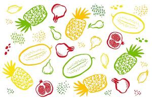 summer background with silhouettes and sketches of fruits, a bright pattern on a white background for posters, banners, cards, invitations vector