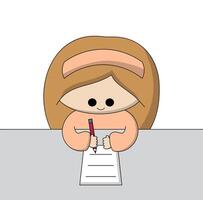 linda dibujos animados niña escribir en papel en color vector
