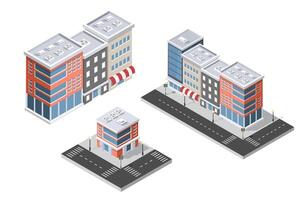 The design elements of cityscape are an isometric building city map. An isolated collection for creating your ideal road, park, transport, trees, and infrastructure. 3D flat icon set vector