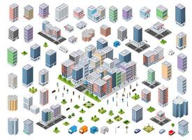 There set are many urban 3D buildings in different colors for creativity and design, including skyscrapers, houses, shops, offices, natural sites, trees, and transport. vector