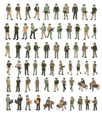 A set of human military soldiers army camouflage people ammunition veteran person war military for design and games. Isometric illustration.