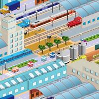 train station isometric view of the architecture block building business cartoon city construction 3D illustration vector