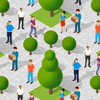 The scene of city life. People walking and resting in the park of urban infrastructure with trees and walking paths. 3D illustration vector