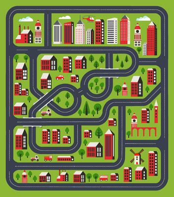 An illustration of a game template for print. Urban streets and houses, roofs and trees are shown in this top view of the plan city.