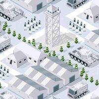 An isometric military transport base is illustrated in winter armed forces uniform. It is suitable for computer games and digital illustrations. vector