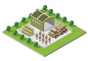 Building design army armed troop isometric armed military transport objects and war equipment force graphic elements tank machine 3D illustration vector