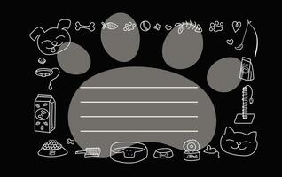 Frame drawings of linear icons with animals in doodle style. Banner, flyer with the image of dog, cat, paw prints, pet food and toys. Postcard with space for text. Pet products. vector