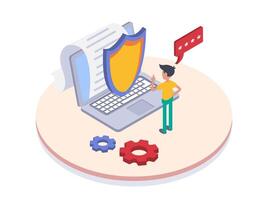 Cyber security. A man reads and signs a safe contract vector