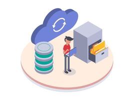 Cloud computing. Programmer migrates data to cloud storage vector