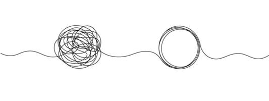 Tangle and unraveling thread of thoughts drawn in one continuous line. Concept of psychotherapy, mental health, problem solving. editable line illustration. vector
