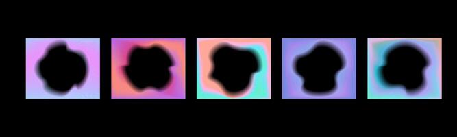 Set of glowing colored gradient squares with inner blur abstract shape. Rectangular frames with aura for design on a black background vector