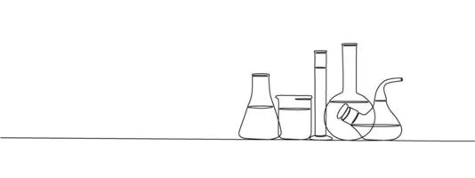 Drawing of one continuous line of laboratory flasks and test tubes. Single line style laboratory equipment. Concept of scientific and medical research . editable illustration. vector