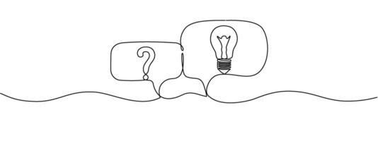 Continuous single line editable illustration of question and light bulb and speech bubbles. Illustration. vector