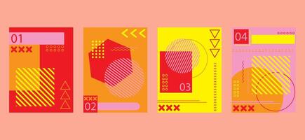 Memphis style background templates with circle, triangle, hexagonal and squares shapes elements composition brochure book covers, abstract set modern minimalist vector