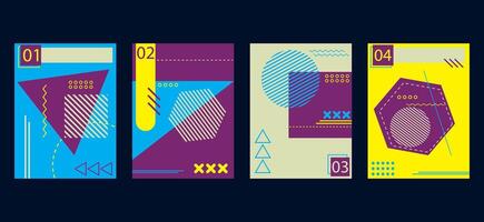 Memphis style background abstract brochure book covers set in modern minimalist geometric design. templates with circle, triangle, hexagonal and squares shapes vector