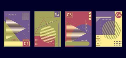 brochure book covers set in abstract modern minimalist geometric design. Memphis style background templates with circle, triangle, hexagonal and squares shapes vector