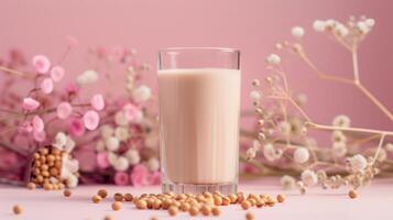 Glass of soy milk on pink background surrounded by twigs and soybeans photo