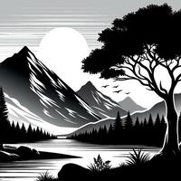 beautiful landscape black and white silhouette Scenery background vector