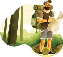 Backpacker with Map Search Directions in Wilderness vector