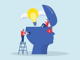 Unlock true potential or new mindset,think about new idea, creativity key to success or career achievement,businessman open head with golden key to unlock potential in human brain. vector