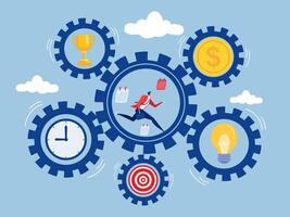 Businessman Running on Gear,Effort and time to make money, Success long term investment, Deadline effect to make people finish work, Running with full effort inside gear cogs vector
