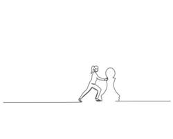 Minimalist line drawing of a human figure pushing against an immovable flat surface. This image symbolizes effort, struggle, and perseverance, emphasizing the determination to overcome obstacles vector