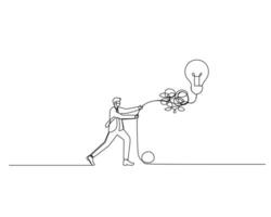 Line drawing of a person untangling tangled threads from a ball, symbolizing the hardwork and development of ideas. vector