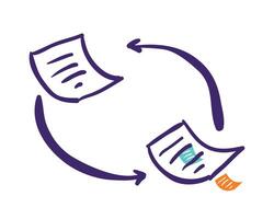 Simplified illustration of two documents with arrows forming a circular motion, indicating a workflow or review process. One document has text, the other a green checkmark vector