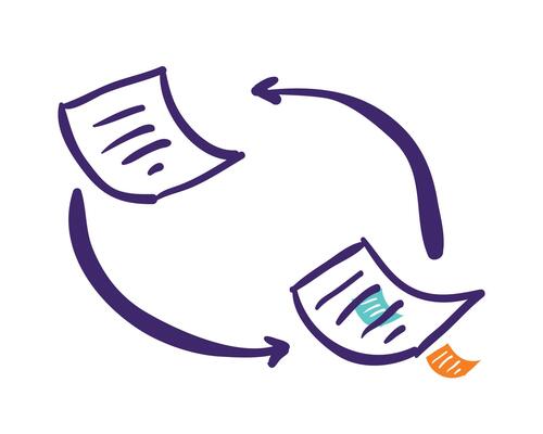 Simplified illustration of two documents with arrows forming a circular motion, indicating a workflow or review process. One document has text, the other a green checkmark