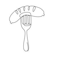 Line drawing of a grilled sausage with grill marks resting on a fork. Minimalist design, ideal for concepts of food, grilling, and culinary art vector