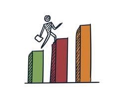 A stylized bar graph with four bars of increasing height from left to right. A figure climbs the bars, holding a briefcase, symbolizing business growth and progress vector