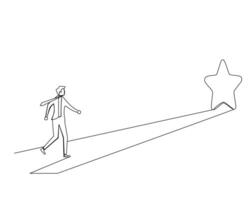 Minimalist line drawing of a person walking towards a star on a path, symbolizing the pursuit of goals and aspirations. The image emphasizes determination and ambition in reaching ones dreams vector