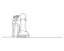 Minimalist black and white illustration of a person using binoculars to observe an oversized chess pawn, symbolizing foresight, strategy, and planning in business or life vector