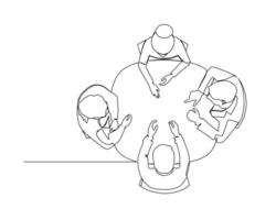 Line drawing of four individuals seated around a circular table, engaged in collaborative activities with papers or books. This image symbolizes teamwork, discussion, a cooperative environment vector