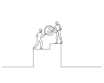 Two figures on different height platforms reaches up and leans down to hand over a circular object vector