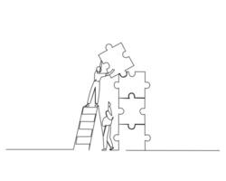 line drawing of two individuals assembling a puzzle. One person stands on a ladder, placing a large puzzle piece into the top gap of an almost completed jigsaw puzzle, teamwork concept vector
