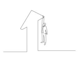 Minimalist line drawing of a figure standing inside a tall structure shaped like the number one, holding an arrow pointing upwards. This image symbolizes ambition, progress, and striving for success vector