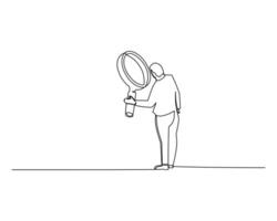 Minimalist line drawing of a person holding a magnifying glass, looking downwards. This image symbolizes observation, scrutiny, analysis, and the search for details. vector