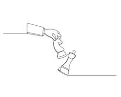 Minimalist line drawing of a hand holding a chess knight above a chessboard, strategic decision making and planning. Illustration in importance of thoughtful moves in achieving goals vector