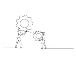 Minimalist line drawing of two figures holding gears. The larger figure holds a bigger gear, while the smaller figure holds a smaller gear, symbolizing teamwork, collaboration, and integration vector