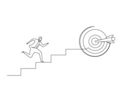 Minimalist line drawing of a figure climbing stairs towards a target with an arrow in the bullseye. This image symbolizes goal achievement, progress, and success, emphasizing determination and focus vector