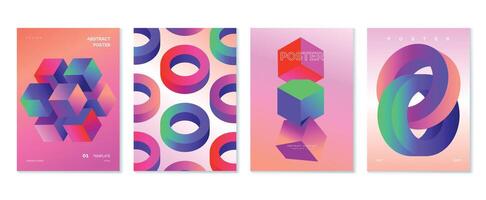 Modern gradient poster background set. Minimalist style cover template with vibrant perspective 3d geometric prism shapes collection. Ideal design for social media, cover, banner, flyer. vector