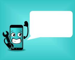 Cute smartphone mascot repair service. Mobile phone character with speech bubble blank empty. Phone character talking, presenting, teaching, speech vector