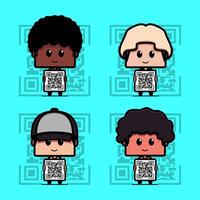 Set of cute character holding QR code. Scanning QR code vector