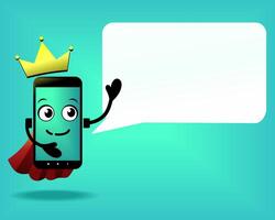 Cute smartphone mascot with robe and crown. Mobile phone character with speech bubble blank empty. Phone character talking, presenting, teaching, speech vector